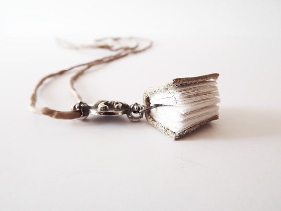 Beige Leather Book Necklace with Fleur de Lis Charm - Inspired by The Three Musketeers