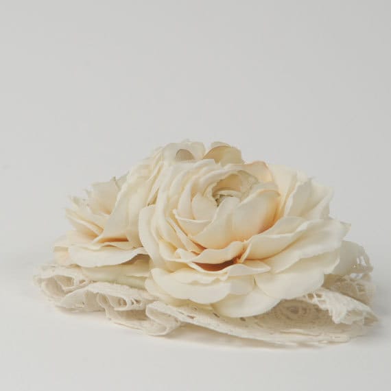 Cream Wedding Headpiece with Vintage Lace and Pearls Shabby Chic Bridal 