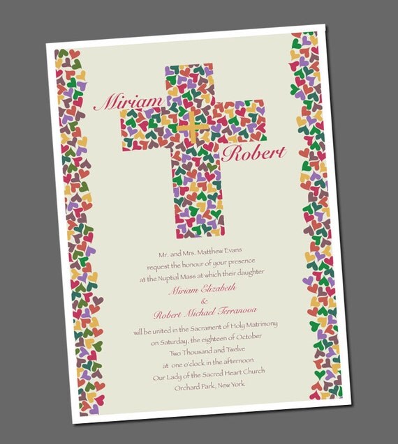 Christian Wedding invitation with cross and hearts digital file printable