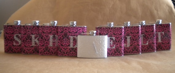 Wedding Party Special 8 Bridesmaids Gift Flasks and 1 Bridal Flask All with Rhinestone Initials KR2D 5137