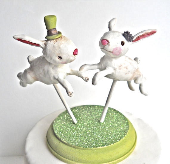Rabbits in Love Rustic wedding cake topper with Green and Brown accents on a
