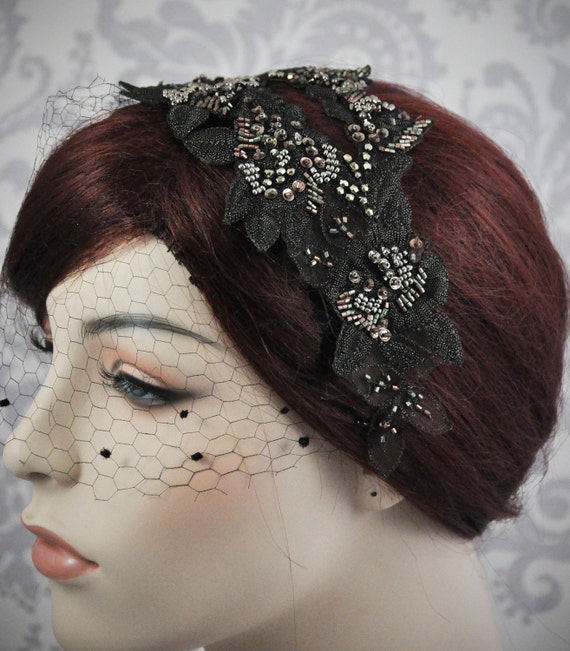 Black Birdcage Veil Vintage Style Bridal Headpiece with vintage silk 