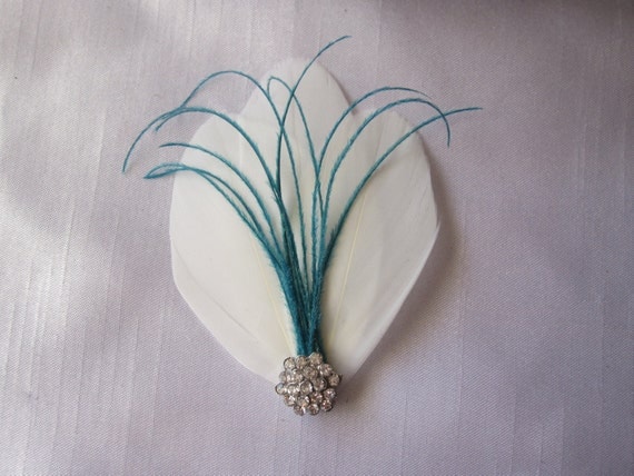 Set of 3 Bridesmaid teal peacock feather hair fascinators, barrettes, feather hair clips