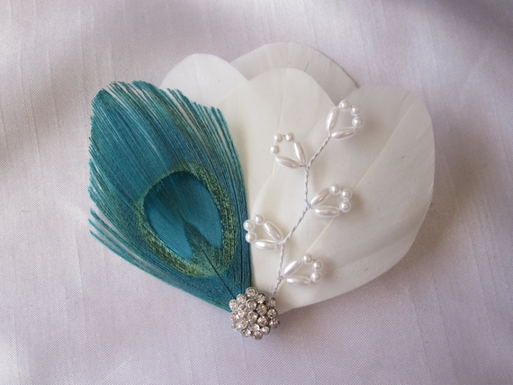 Teal peacock feather and Ivory goose feather hair fascinator, barrette, hair clip - free shipping