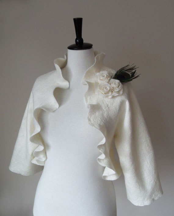 Bridal Jacket Bolero Shrug Peacock Ivory White Wedding Jacket Wool and Silk