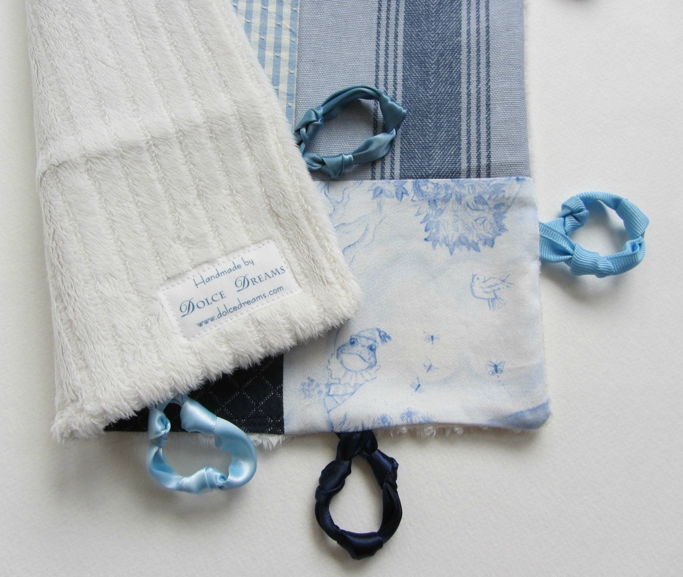 Baby Boy Lovey Blanket with Custom Hand Embroidery and Circle Knotties by Dolce Dreams