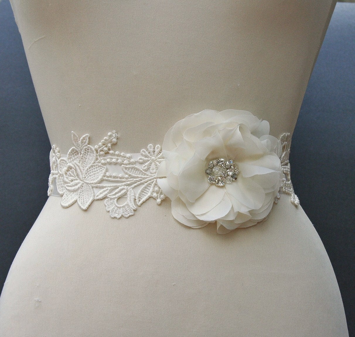 Ivory Bridal Sash, Wedding Belt, Satin Ribbon Bridal Sash, Beaded Flower Wedding Sash, Rhinestone Bridal Sash