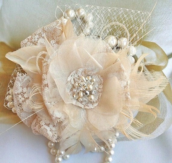 Bridal Fascinator, Bridal Hair Flower, Wedding Fascinator, Rhinestone Fascinator, Feather Fascinator, Wedding Headpiece, Beige, White, Ivory