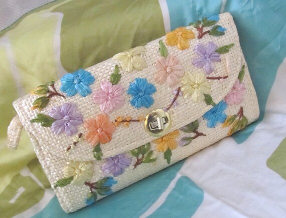 PURSE SALE Clutch Bag Spring Floral Straw Brights Vtg 70s Excellent Free U.S. Shipping