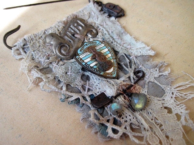 Free Will. Textile and Antique Trinkets Rustic Victorian Gypsy Assemblage Brooch. Lace fabric and Labradorite Gemstones.