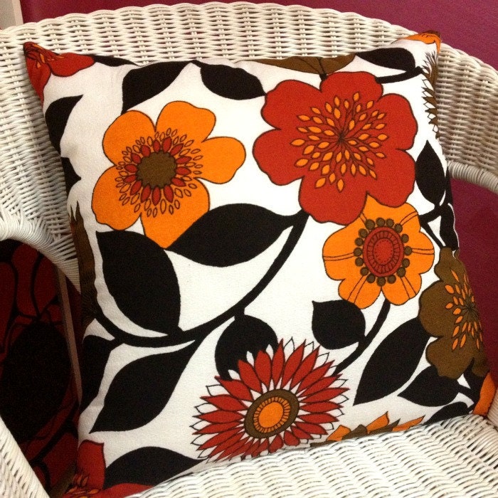 Original Vintage 1960s Fabric Cushions Flower Power Barkcloth