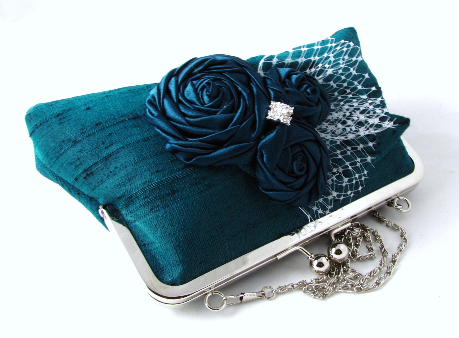 Evening clutch purse in teal green Wedding bridal clutch with rosettes and