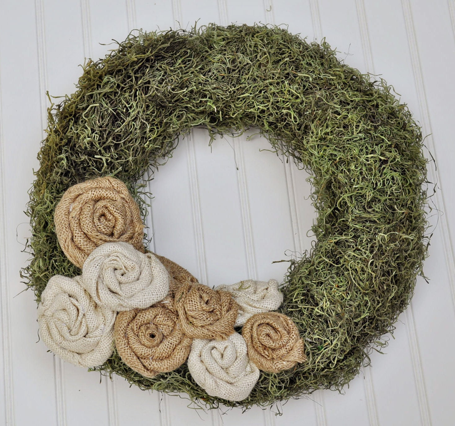 Moss Covered Wreath with Burlap Rosettes RESERVED