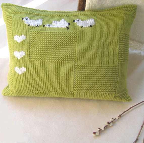 Knit Pillow Case Apple Green Embroidery Decorated 12x16 inch Wool/Acrylic Children Rustic Easter Handmade by Margity