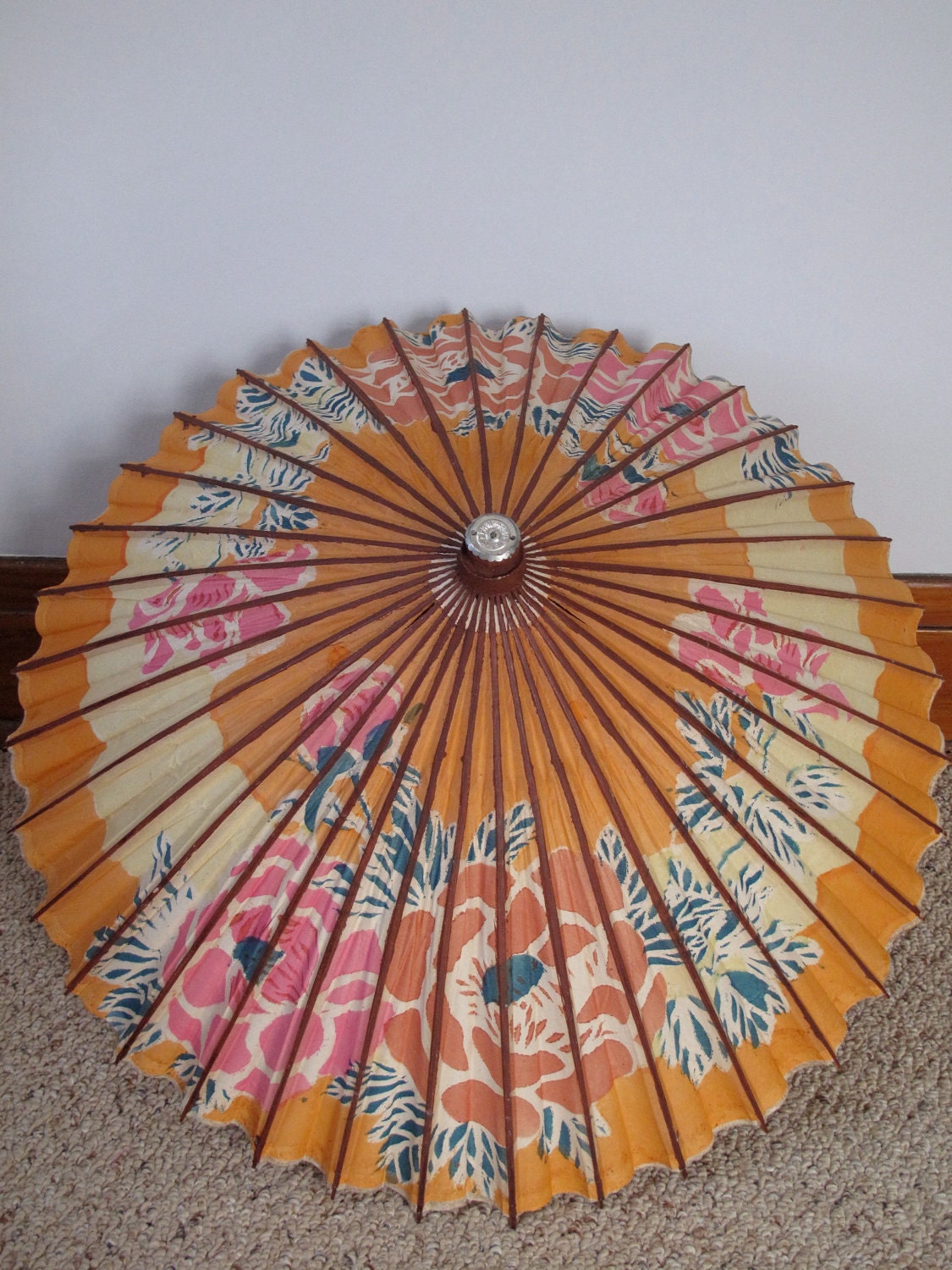 1940s Floral Paper Umbrella - Japanese - Orange and Pink - Parasol