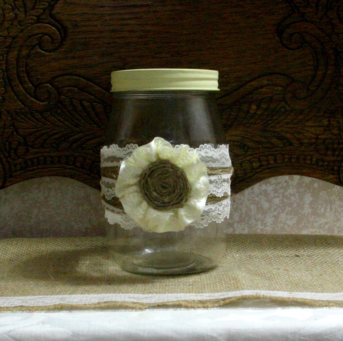 Bride Groom wedding mason Jars BURLAP jute lace flowers Candle holder