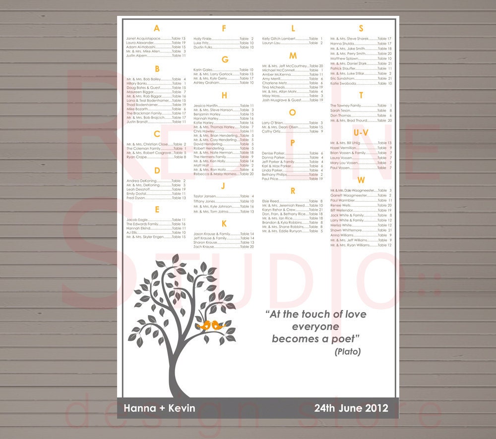 DIY Wedding seating chart with your love quote or song text