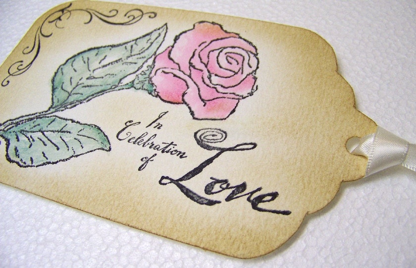 Wishing Tree Tags - In Celebration of Love - Handpainted Pink Rose - Wedding Tags - Favor - Decoration - Set of 5