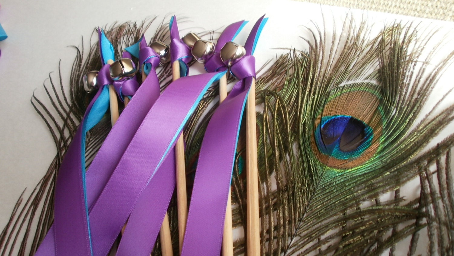 Peacock theme ribbon wedding wands Purple Haze Turquoise 25 wedding wands or