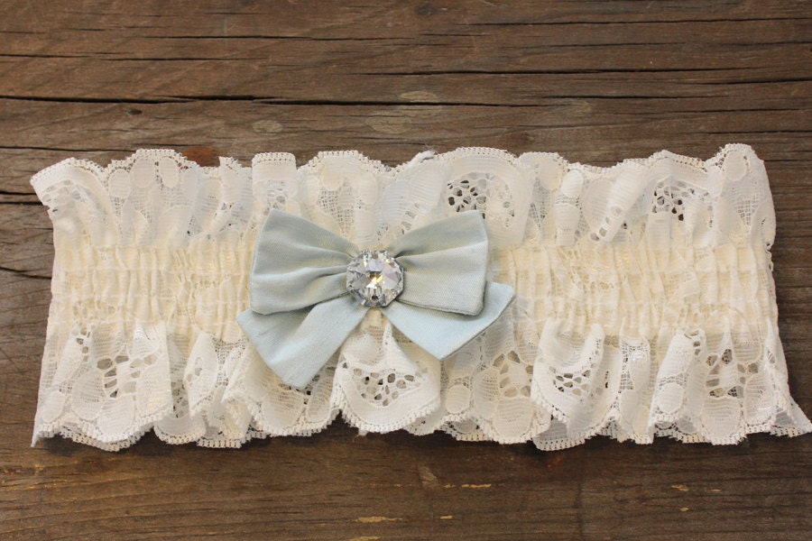 Off white cream and blue with swarovski bride garter