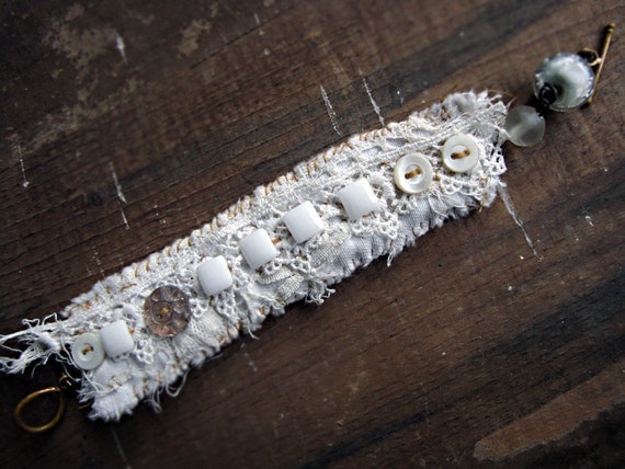 milk thistle - antique lace wrist cuff - artisan bead - vintage buttons - shabby cottage