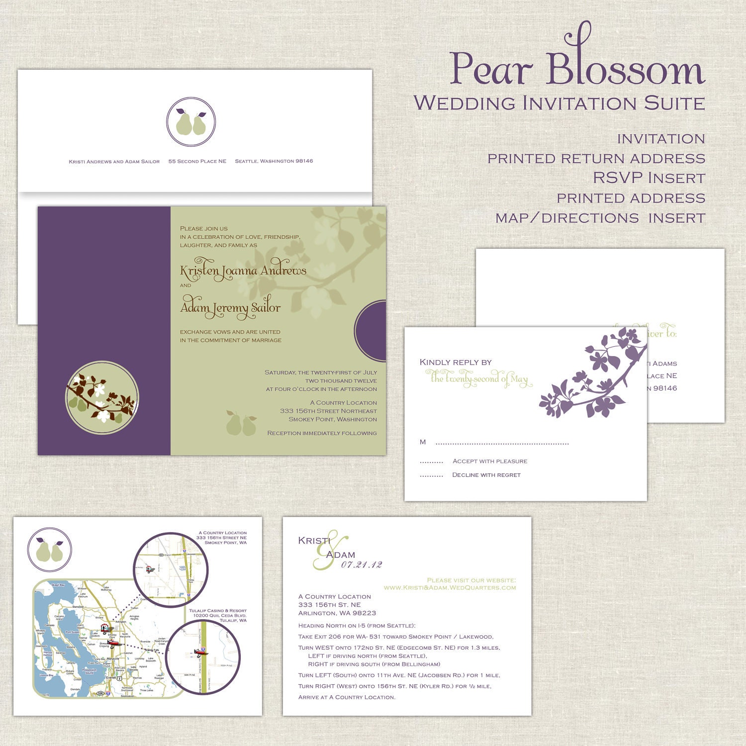 Wedding Invitation Pear Blossom Suite in Eggplant Purple and Sage Green