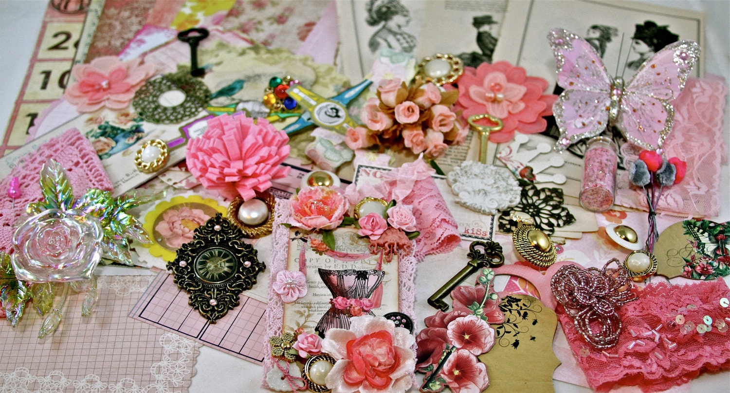 Only Pink Flowers for My Garden Project Embellishment Scrapbooking Altered Art KIT