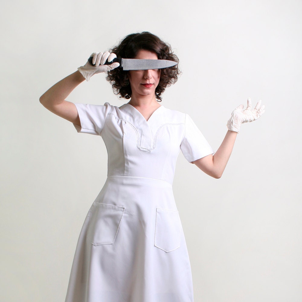 Vintage Nurse Dress - Pure White Medical Style A-Line Dress - Small