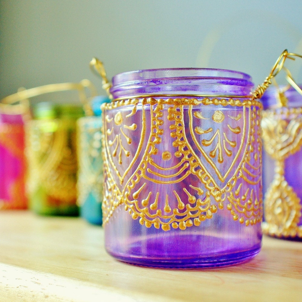 Подвесной подсвечник Вдохновленный Фонари Марокко, лаванды Тонированные стекла с золотой Акценты