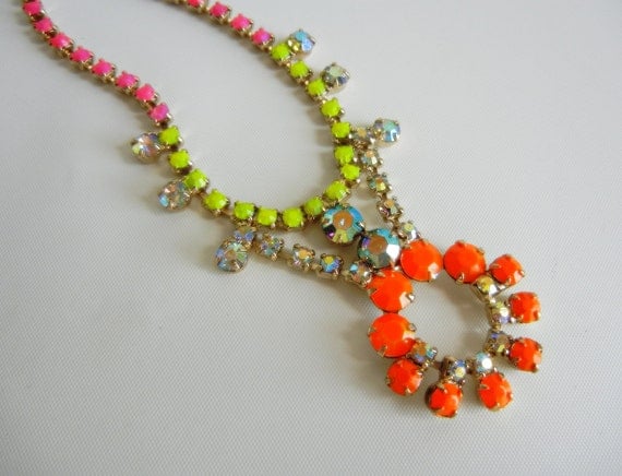 Vintage 1950s One Of A Kind Hand Painted Bold Neon Pink Orange and Yellow Necklace