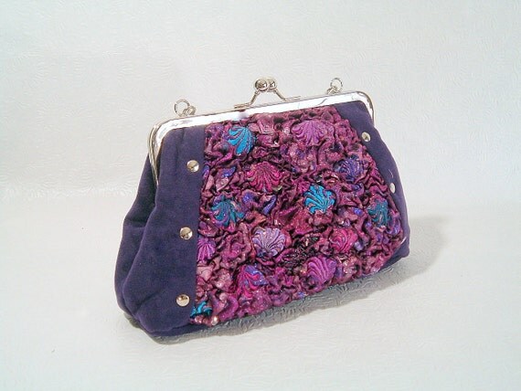 Unique Handbag Handmade Fabric with Recycled Items Purple and Blue and Rivet Accents Steampunk Style