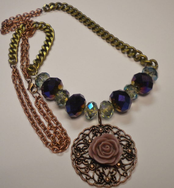 Purple and Blue rose cabachon czech crsytal chain necklace, bronze and gold