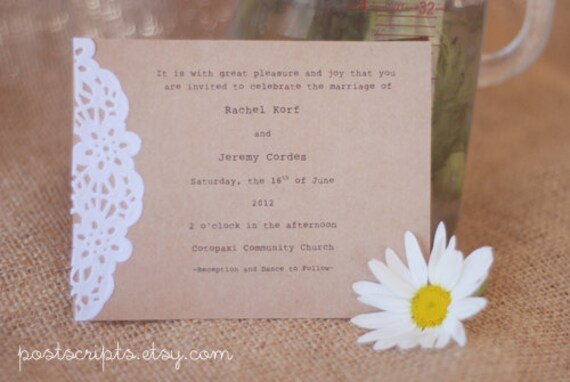 Custom Vintage Lace Doily Wedding Invitations with Typewriter Font Save 