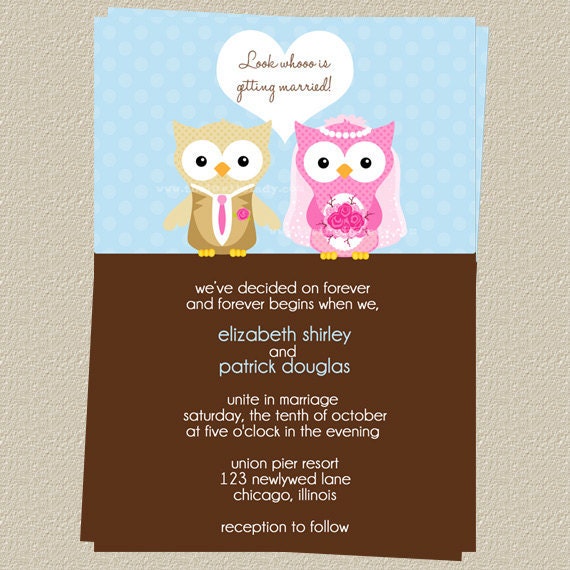 Owl Wedding Invitation Suite 100 Complete Sets Printed with Envelopes
