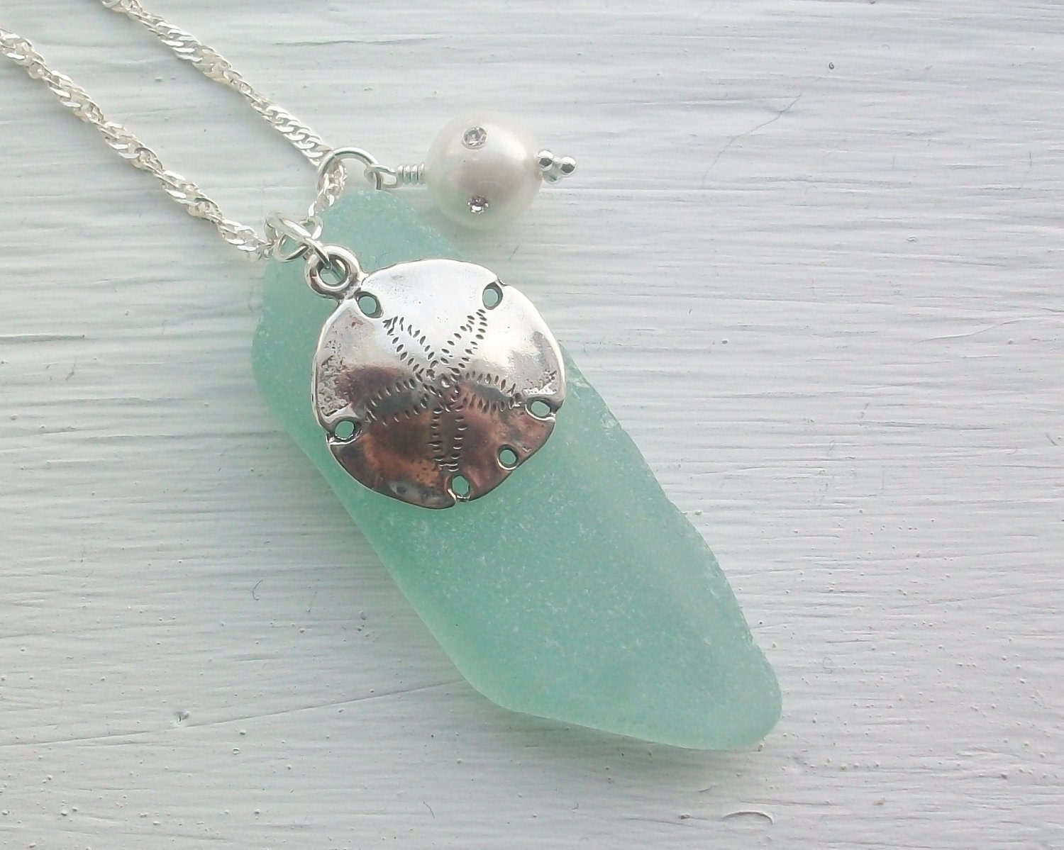 Sterling Silver Sand Dollar and Scottish Sea Glass Necklace ....... DRIFT AWAY