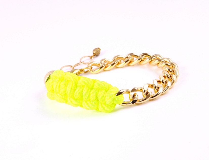 Neon Green  Nylon and Gold Chain Bracelet