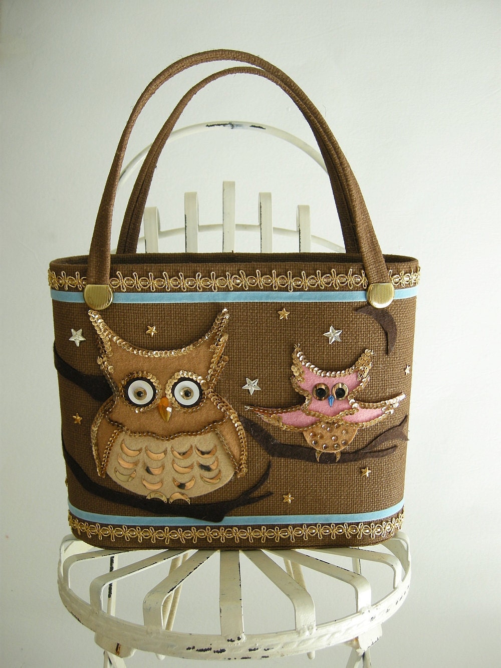 Owl Applique Vintage 60s Market Tote Handbag Brown by empressjade from etsy.com