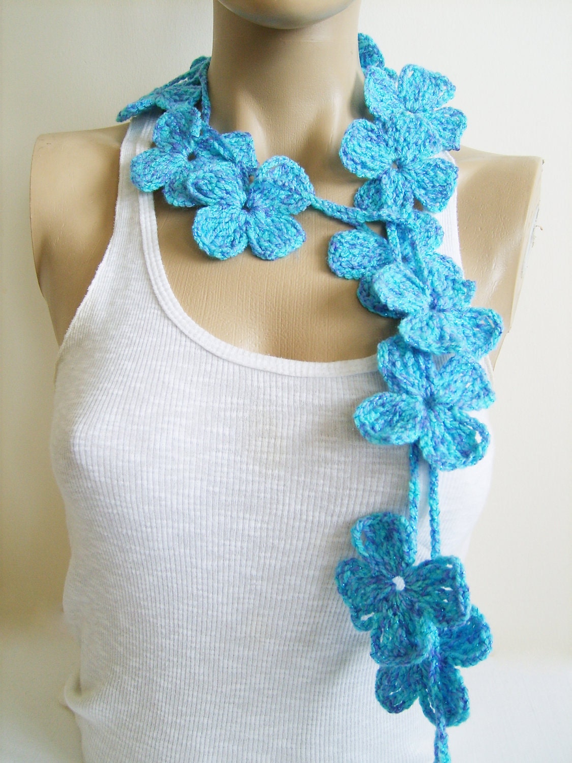 Crochet Scarf Aqua Blue Daisy Flower by AnatolianAccessories
