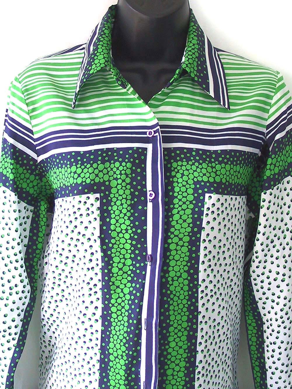 70s Geometric Print Green White and Blue Blouse S M