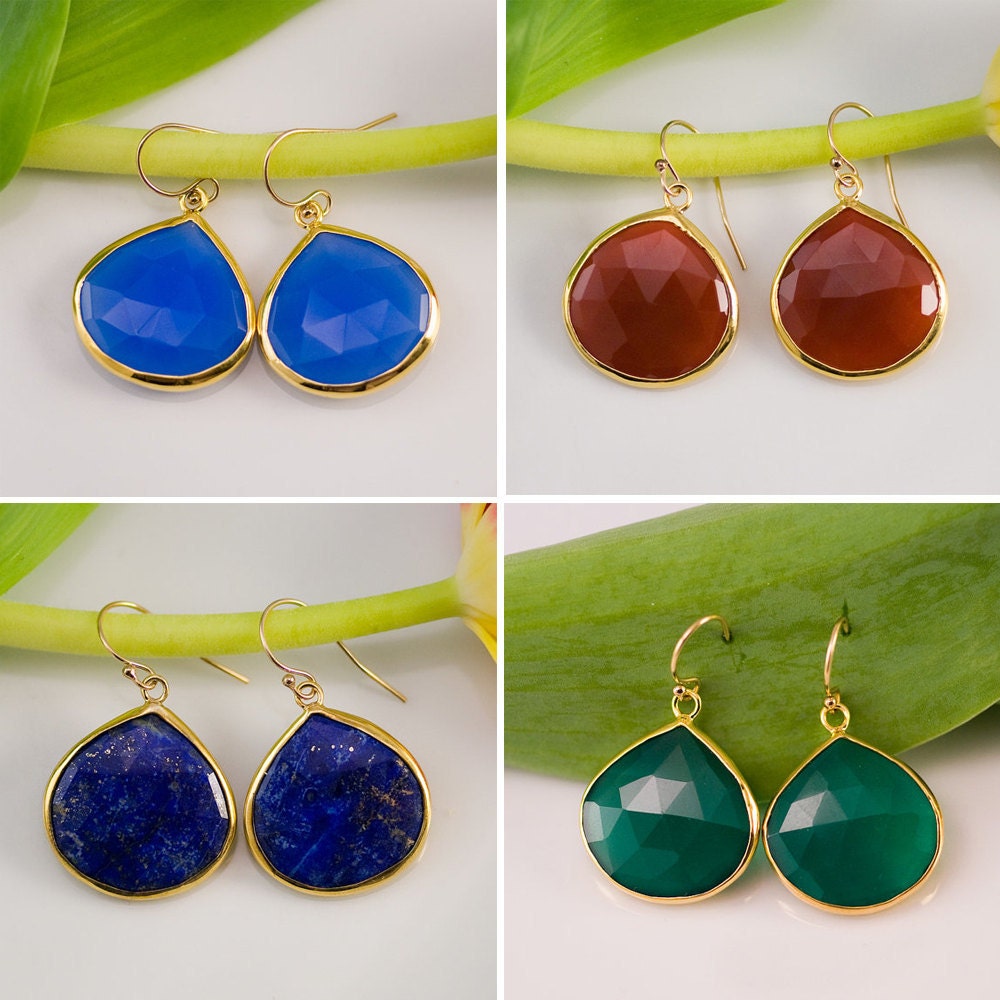 Set of 4 Lapis Green Onyx Carnelian Blue Chalcedony Bezel earrings 