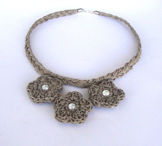 Flowers - linen necklace, pearls necklace, eco style bib, floral necklace, summer fashion organic jewelry
