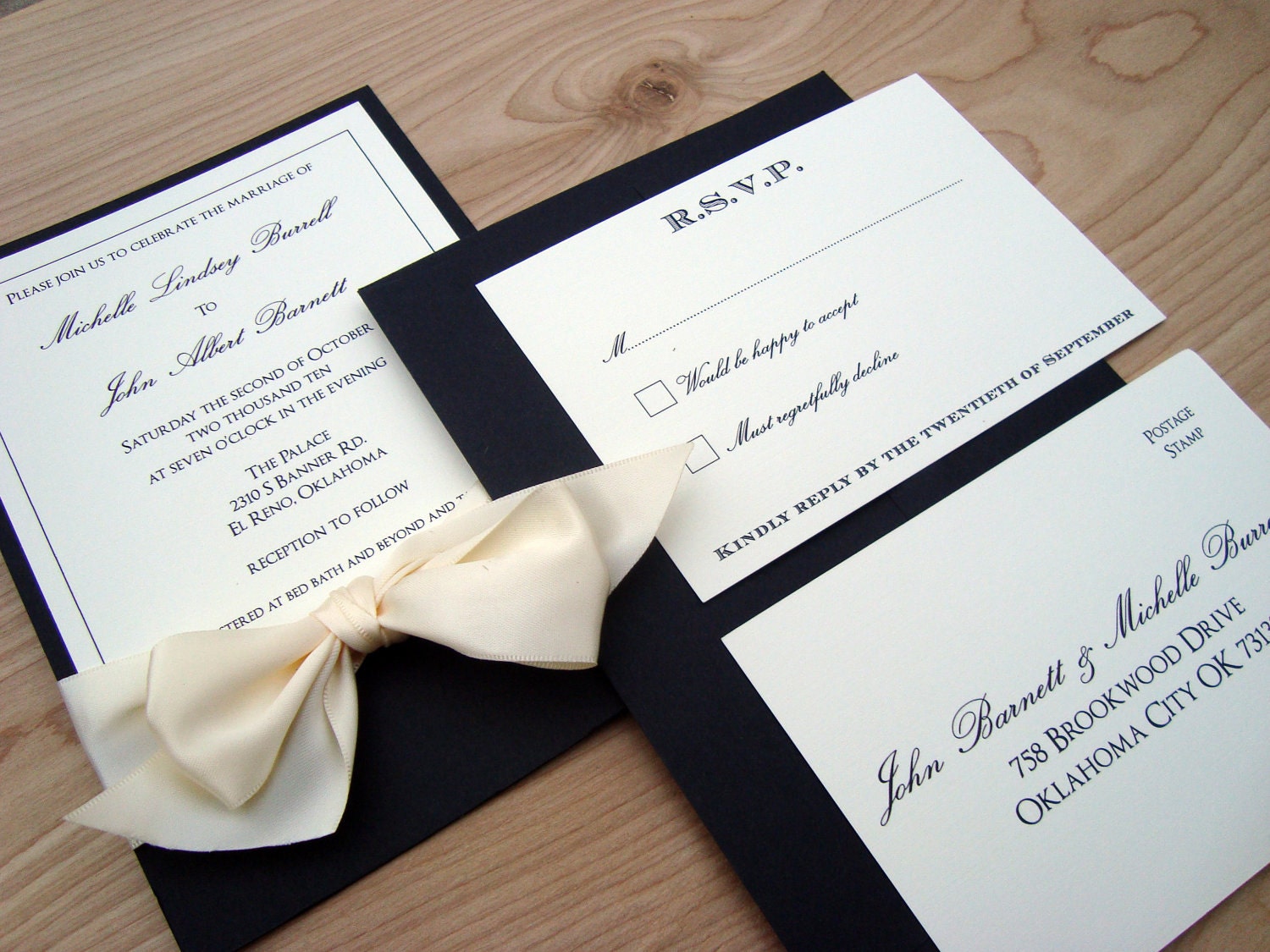 Elegant Black and White Ivory Classic Wedding Invitation Black Tie Event