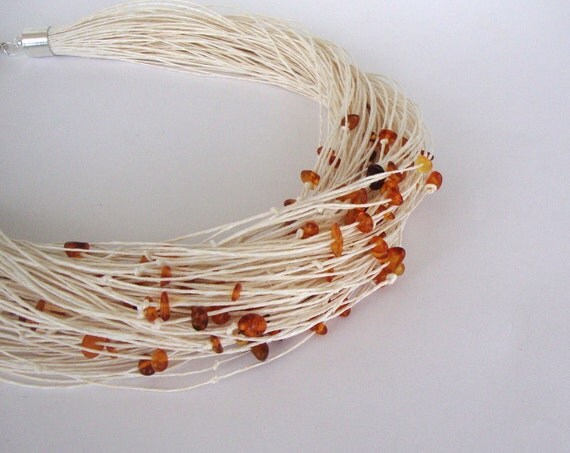 Amber necklace,ivory linen necklace, summer fashion, eco style wedding necklace, statement necklace
