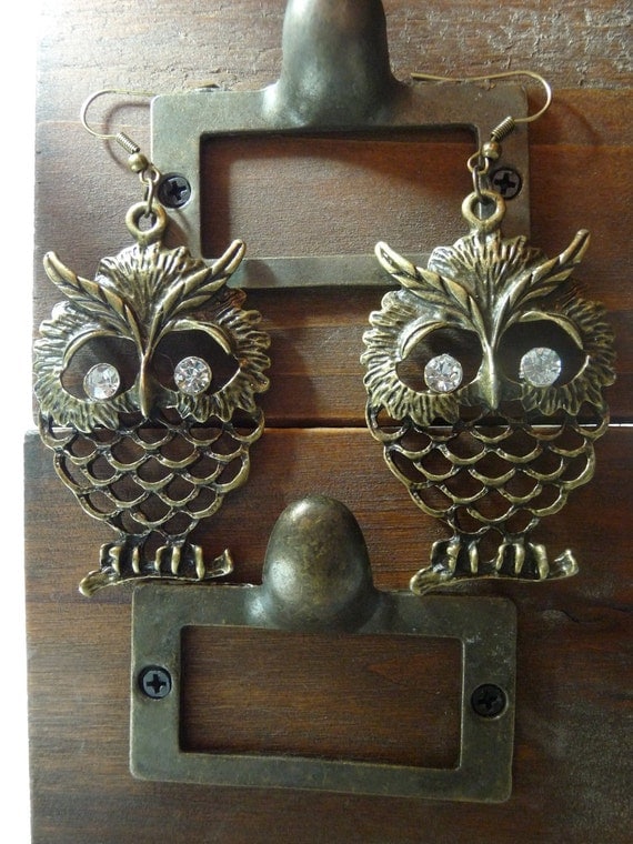 Antique Bronze Owl with Rhinestones Dangle Earrings by vintagerust