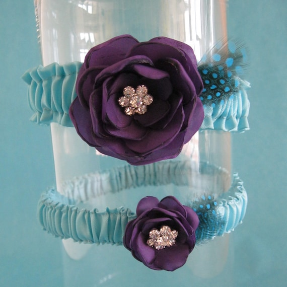 Tiffany Blue and Dark Purple Feather Rose Wedding Garter Set D022 bridal 