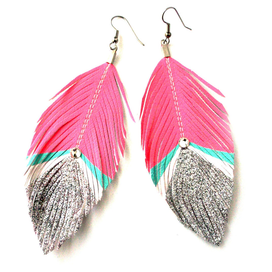 Bowie  -  Pink Neon and Silver Glitter with Swarovski Crystal - Faux Leather Feather Earrings - Surgical Steel