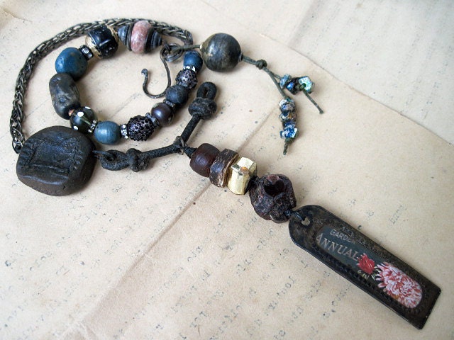 Dream of Existing. Primitive Rustic Choker with Ceramics, Garnet Roman Glass, Antique Tag, Pyrite.