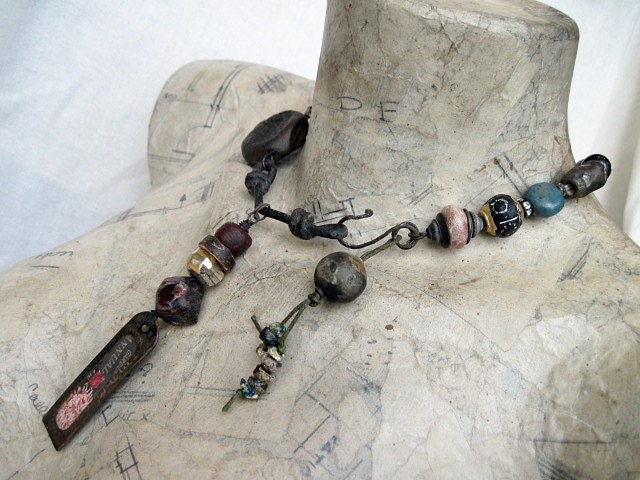 Dream of Existing. Primitive Rustic Choker with Ceramics, Garnet Roman Glass, Antique Tag, Pyrite.