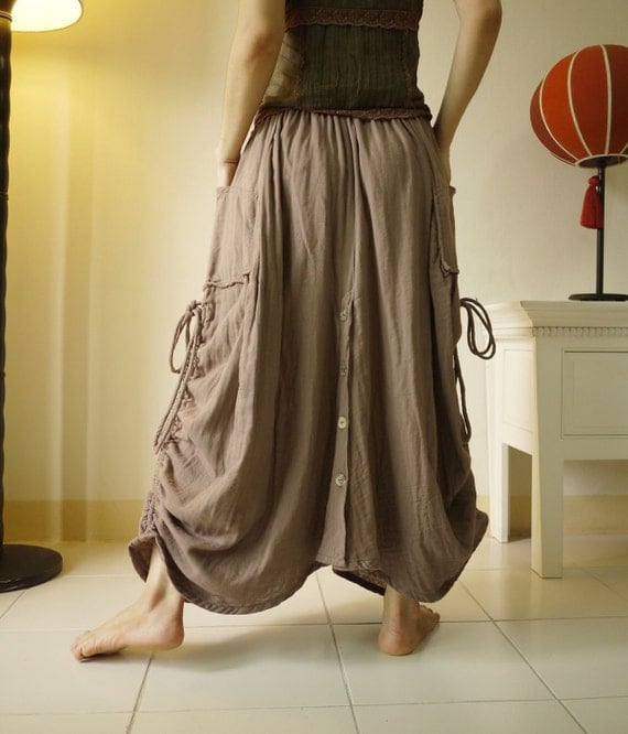 Love Me..Love Me Not II - Steampunk Cocoa Brown Double Gauze Cotton Convertible Skirt Or Pants And 2 Roomy Pockets