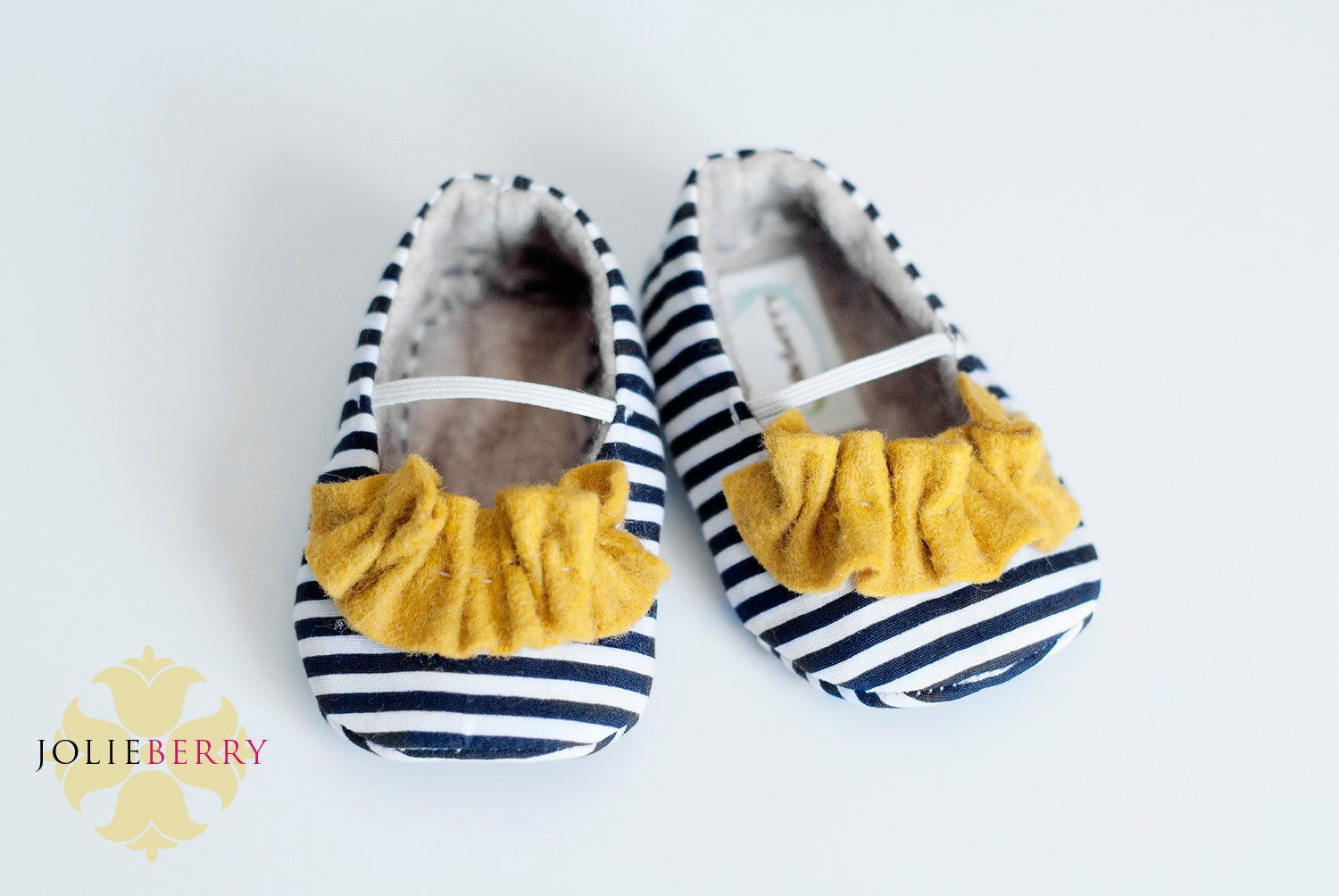 JANEY baby girl shoes - navy blue and white stripe with yellow ruffle